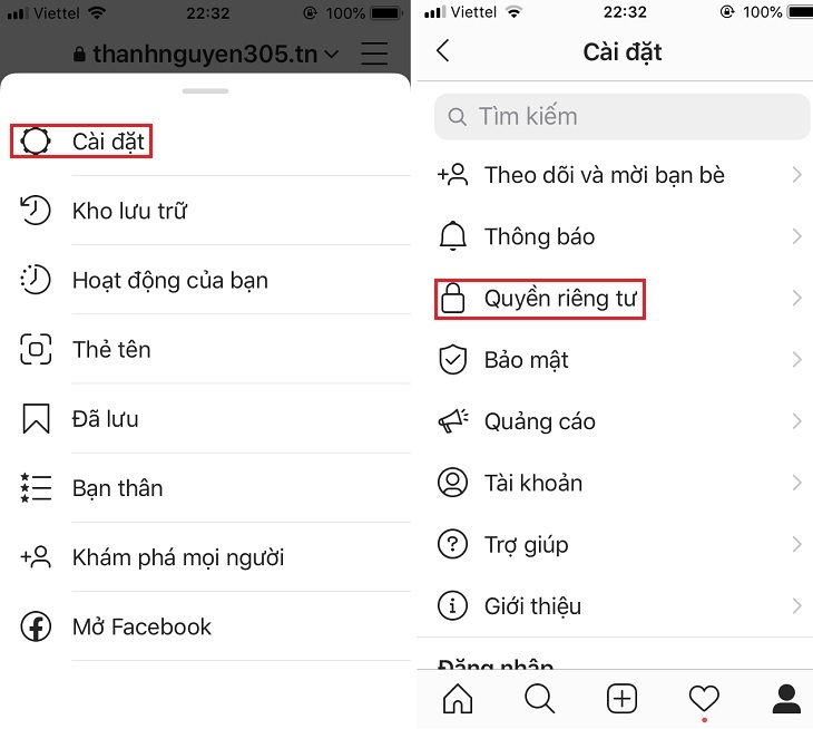 Hướng dẫn 4 cách hạn chế người dùng trên Instagram không cần unfollow, chặn tài khoản đơn giản nhất > Chọn Cài Đặt > Quyền riêng tư