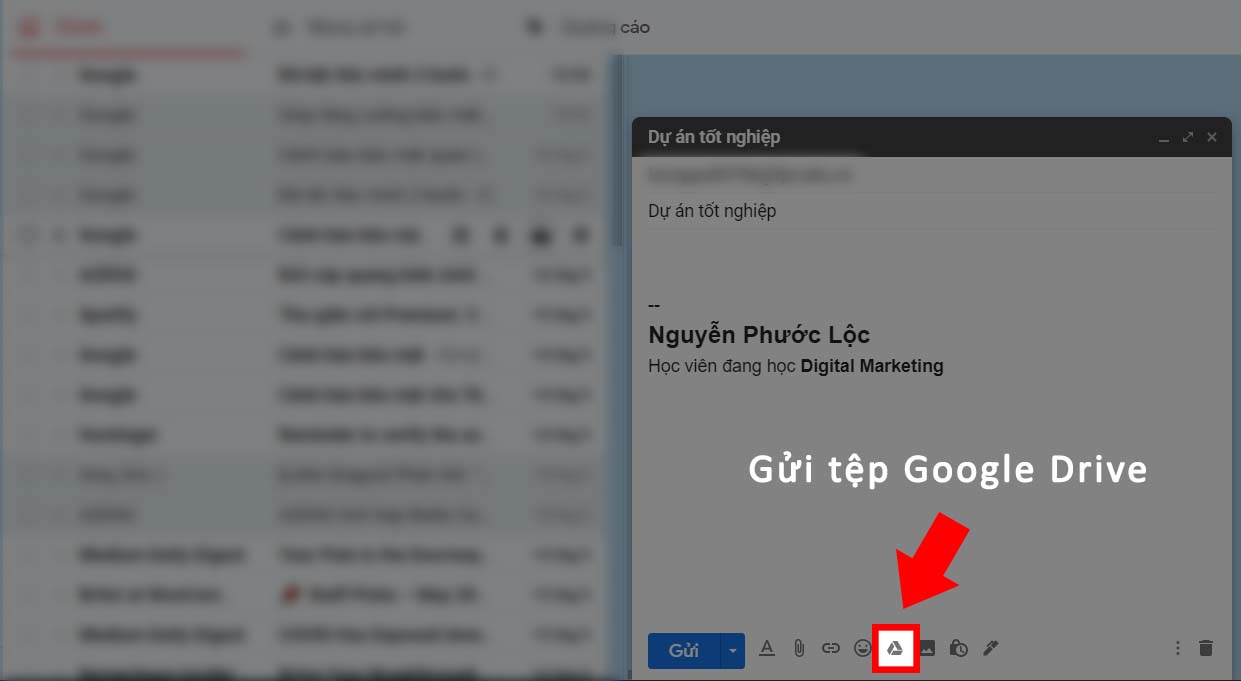 10 mẹo hay, tiện ích mà người dùng Gmail nhất định phải biết > Nhấp vào biểu tượng Google Drive nhỏ góc dưới cửa sổ soạn email