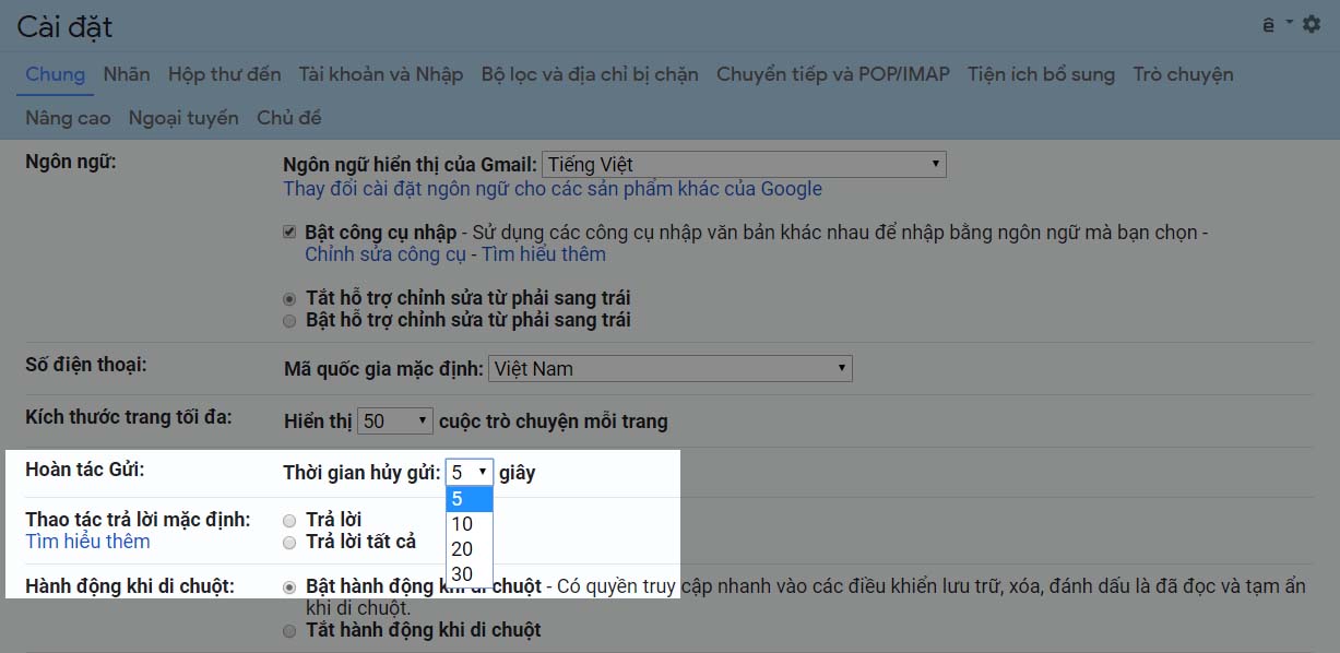 10 mẹo hay, tiện ích mà người dùng Gmail nhất định phải biết > Đặt hoàn tác gửi tới 30 giây