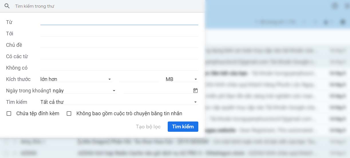 10 mẹo hay, tiện ích mà người dùng Gmail nhất định phải biết > Tìm kiếm theo các bộ lọc như ngày/tháng, kích thích tệp gửi, dòng chủ đề, các từ khóa trong email,...