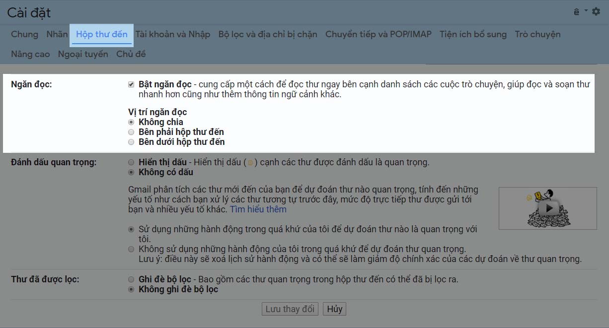 10 mẹo hay, tiện ích mà người dùng Gmail nhất định phải biết > Bật tính năng Ngăn đoc trong tab Hộp thư đến