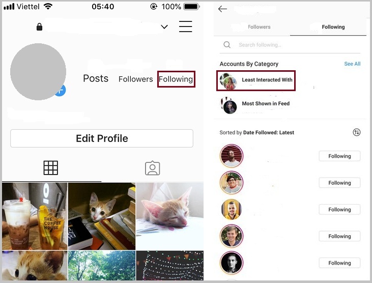 Hướng dẫn cách xem và dọn dẹp tài khoản ít tương tác trên Instagram > Vào trang cá nhân của bạn, chọn Following, xem người tương tương tác ít nhât và nhiều nhất theo phân loại