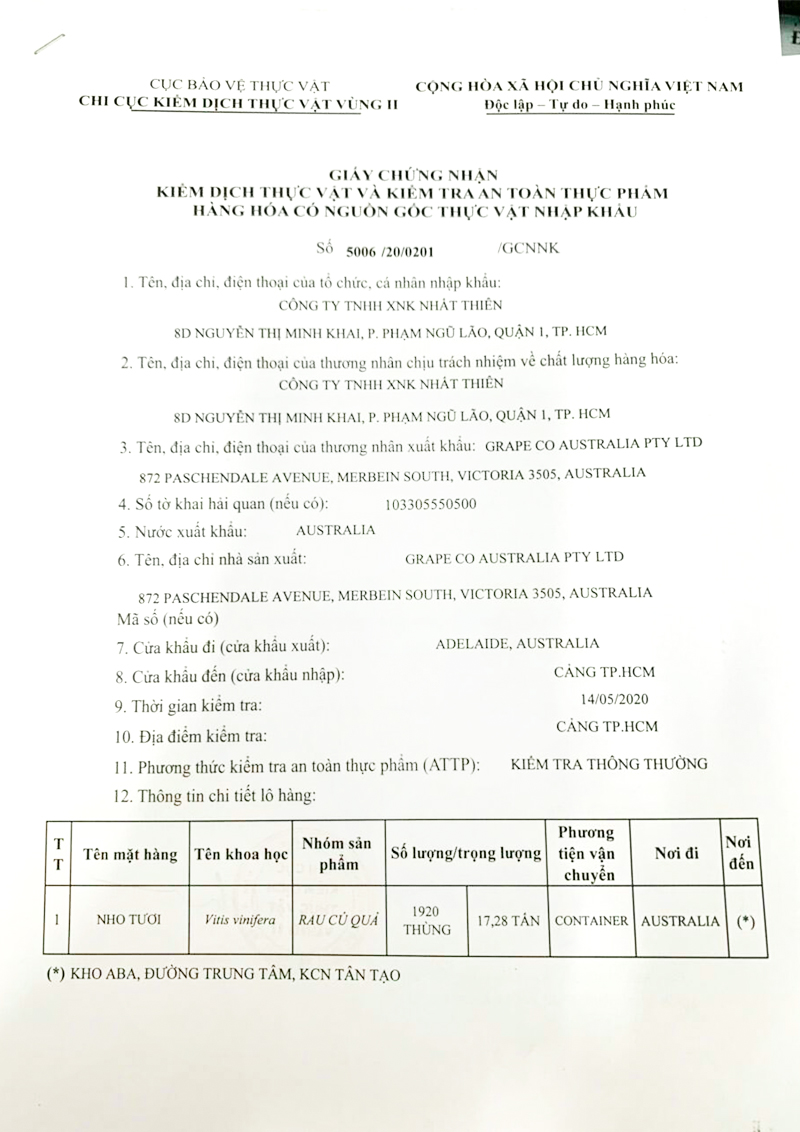 Giấy chứng nhận nhập khẩu của Nho đỏ Úc đang bán tại Bách hoá XANH