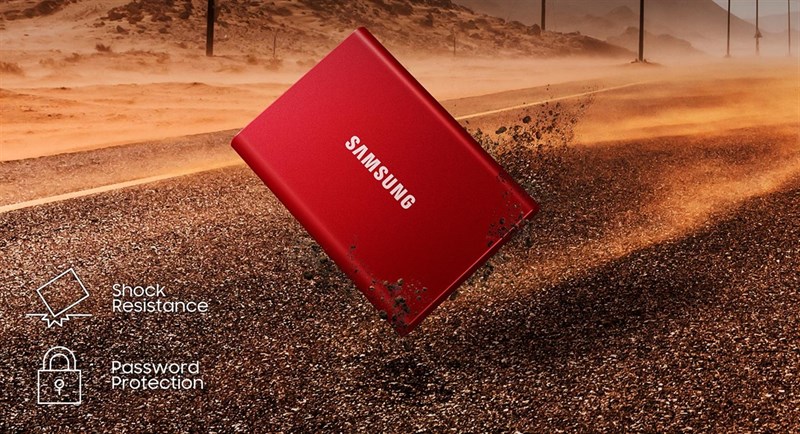 Phần khung của Samsung SSD T7 được làm bằng nhôm chắc chắn, có thể chịu được lực rơi gần 2 m
