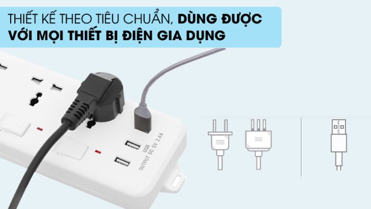 Ổ cắm điện DMAX 3 lỗ 3 USB 5m YH-U633 thiết kế theo tiêu chuẩn phù hợp với nhiều thiết bị điện trong nhà