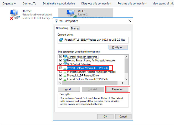 Click vào mục Internet Protocol Version 4 (TCP/IPv4) >> Nhấn chọn Properties.