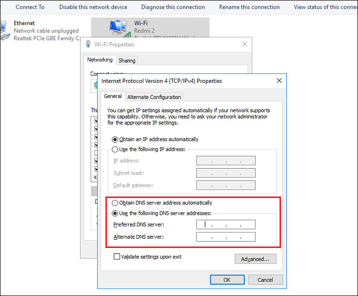 Chọn mục Use the following DNS server addresses