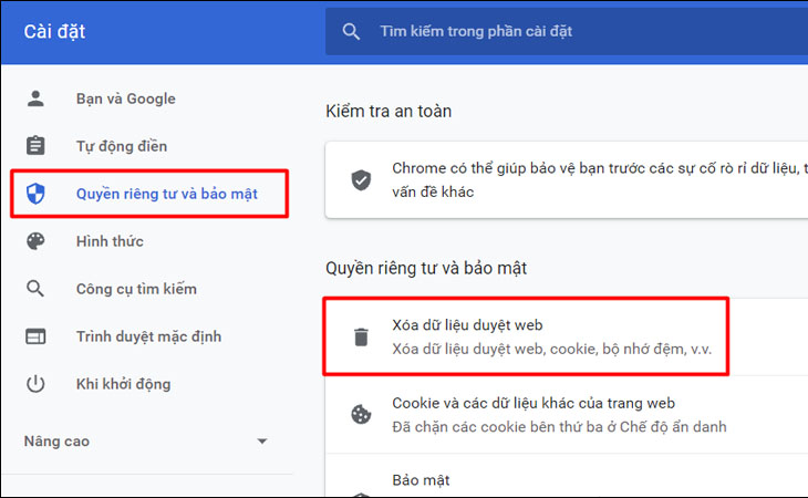 Tại mục Quyền riêng tư và bảo mật > chọn Xoá dữ liệu duyệt web