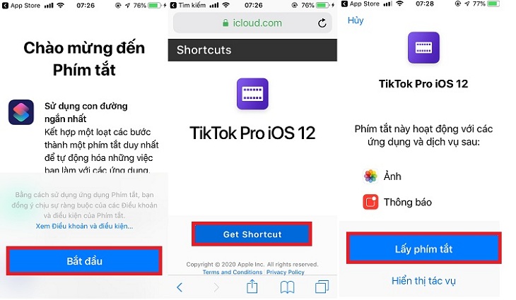 Cách tải video trên Tiktok không có watermark cực kì đơn giản > Nhấn vào Nhận Shortcut, rồi Lấy Phím tắt