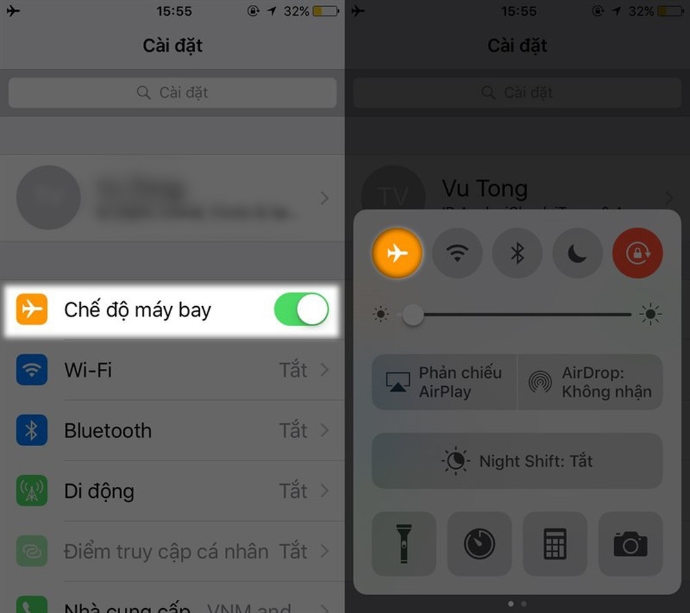 Bật chế độ máy bay (Airplane Mode)