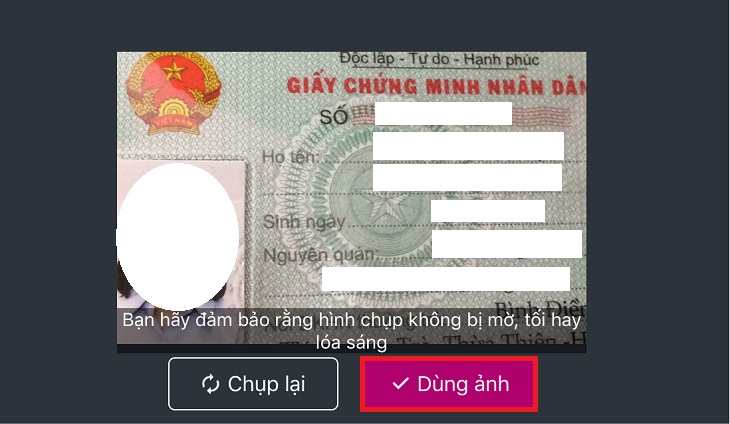 Chụp ảnh CMND phần trước và sau