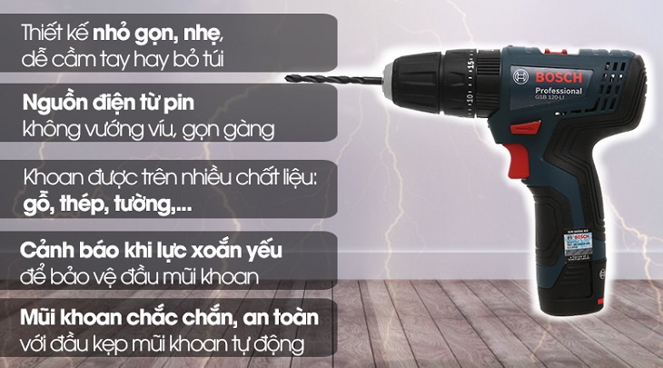 Máy khoan động lực pin Bosch GSB 120-LI 12V có thể khoan được nhiều chất liệu khác nhau