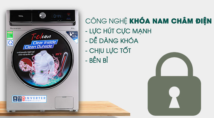Khoá nam châm điện Đánh giá chi tiết máy giặt TCL King Series TWF90-K14508DC04 > Khoá nam châm điện