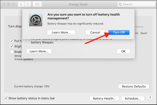 Hướng dẫn cách tắt quản lý sức khỏe pin trên Macbook nhanh chóng, đơn giản nhất > Từ hộp xác nhận, chọn nút Turn Off để xác nhận.