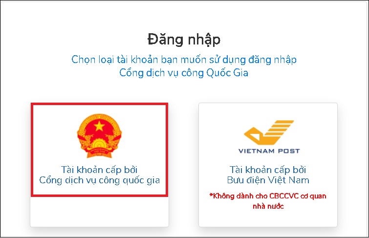 Chọn Đăng nhập hoặc Đăng ký nếu bạn chưa có tài khoản Cổng dịch vụ công quốc gia.