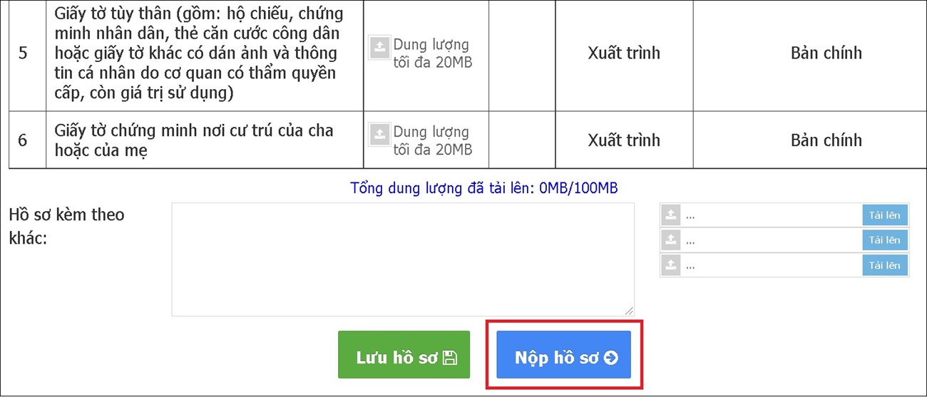 Kiểm tra lại hồ sơ > Chọn Nộp hồ sơ.