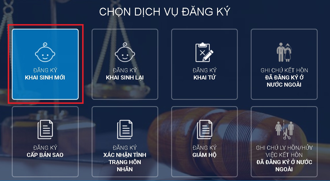 Bạn truy cập vào hotichtructuyen.moj.gov.vn > Chọn tỉnh/thành phố tiếp nhận hồ sơ > Chọn Tiếp tục.” class=”lazy” src=”https://cdn.tgdd.vn/Files/2020/06/15/1263165/huong-dan-cach-lam-giay-khai-sinh-online-dang-ky–33.jpg” title=”Bạn truy cập vào hotichtructuyen.moj.gov.vn > Chọn tỉnh/thành phố tiếp nhận hồ sơ > Chọn Tiếp tục.”/></p>
<p><strong>Bước 2: </strong>Chọn <strong>ĐĂNG KÝ KHAI SINH MỚI</strong>.</p>
<p><img alt=