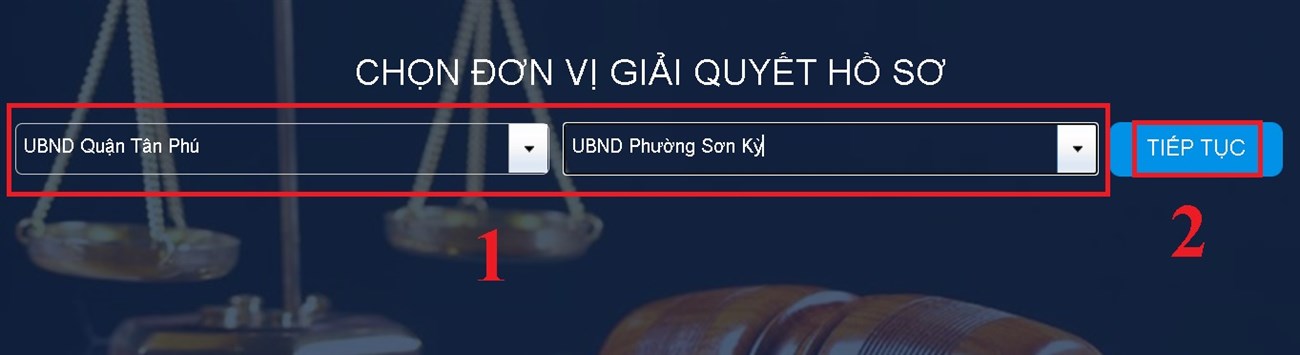 Chọn đơn vị giải quyết hồ sơ > Chọn Tiếp tục.