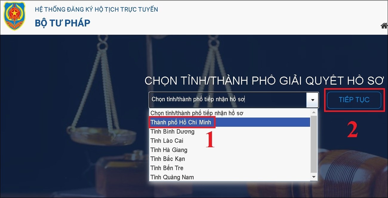 Bạn truy cập vào hotichtructuyen.moj.gov.vn > Chọn tỉnh/thành phố tiếp nhận hồ sơ > Chọn Tiếp tục.