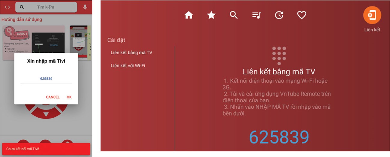 Mở ứng dụng & Kết nối với tivi thông qua mã tivi ở phần cài đặt VN Karaoke.