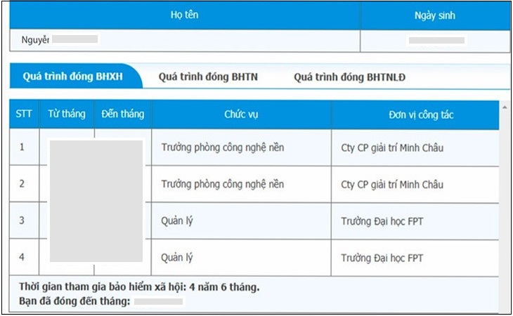 Kết quả trả về là thời gian đóng bảo hiểm và mức đóng bảo hiểm dựa theo mức lương