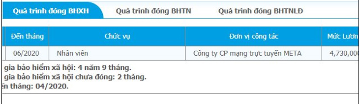 Kết quả trả về là thời gian đóng bảo hiểm và mức đóng bảo hiểm dựa theo mức lương.