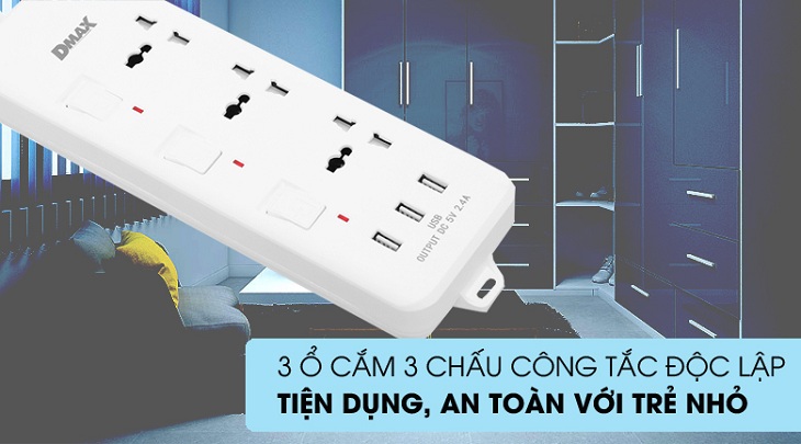 3 ổ cắm, 3 chấu với công tắc độc lập