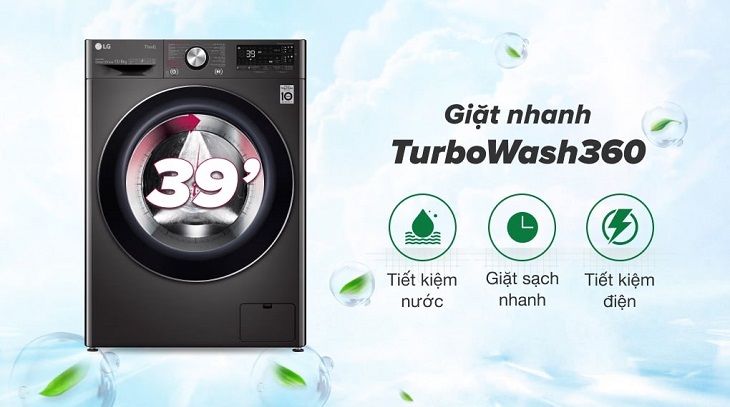 Vì sao nên chọn mua máy giặt lồng ngang LG cho gia đình? > Máy giặt sấy LG Inverter 13 kg FV1413H3BA tích hợp công nghệ giặt sạch nhanh TurboWash 360