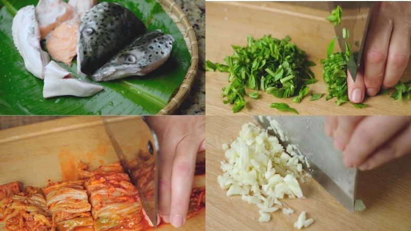 Sơ chế nguyên liệu chuẩn bị nấu lẩu kim chi cá hồi.