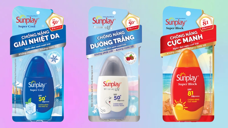 Kem chống nắng Sunplay Super Block SPF81, PA++++ (chống nắng cực mạnh), Super Cool SPF50+ và Whitening UV SPF50+