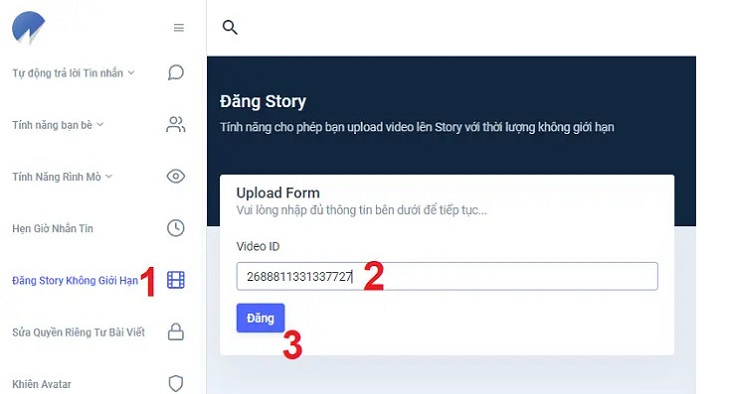3 mẹo đăng story dài hơn 26s không bị cắt trên Facebook cực đơn giản > Dán URL video đã copy ở bước 2 vào ô Video ID/URL và bấm nút Đăng.