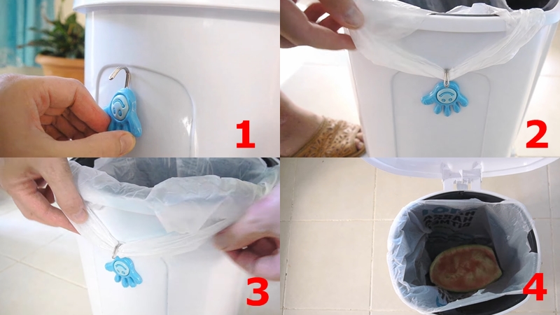 Cố định túi rác bằng móc nhựa