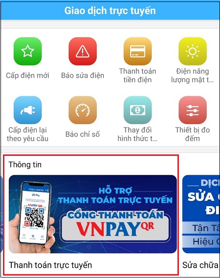 Vào mục Thanh toán trực tuyến trong ứng dụng EVN