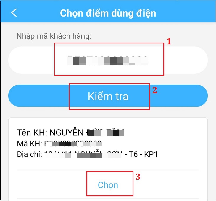 tiến hành nhập mã Khách hàng, rồi nhấn nút Kiểm tra.