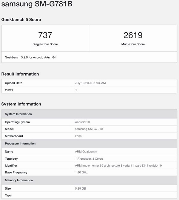 Galaxy S20 Lite trên Geekbench