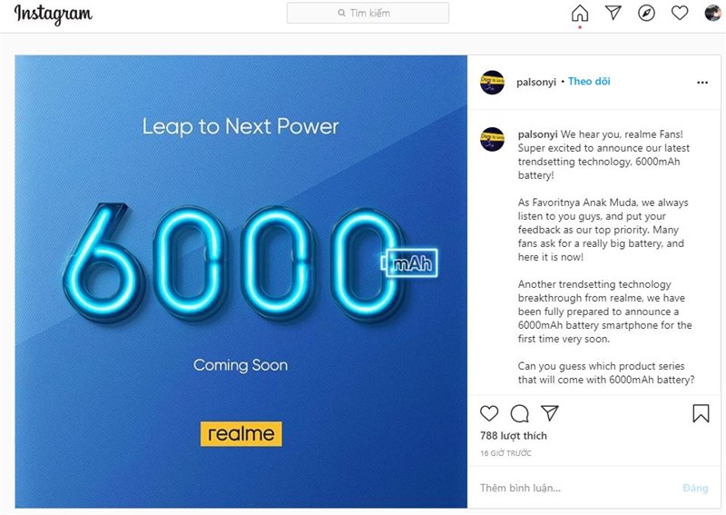 Smartphone Realme với pin khủng 6.000 mAh sắp sửa ra mắt thị trường
