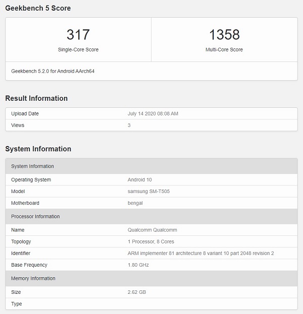 Samsung Galaxy Tab A 7.0 xuất hiện trên Geekbench xác nhận chạy Android 10, dùng chip Snapdragon 662 Samsung Galaxy Tab A 7.0 xuất hiện trên Geekbench xác nhận chạy Android 10, dùng chip Snapdragon 662