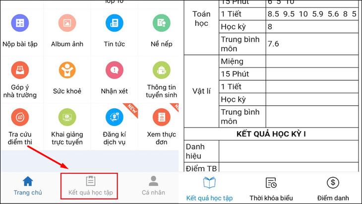 Bước 3: Chọn mục Kết quả học tập