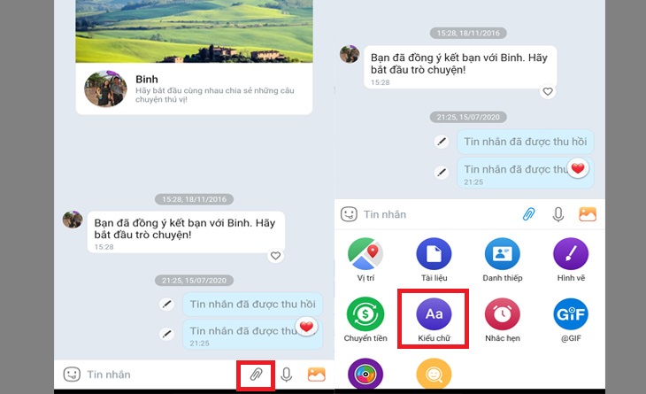 5 tính năng đặc biệt trên Zalo không phải ai cũng biết > Bước 2: Chọn biểu tượng Đính Kèm ở góc dưới bên phải, tiếp tục chọn vào Kiểu chữ.