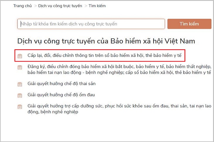 Chọn Cấp lại, đổi, điều chỉnh thông tin trên sổ bảo hiểm xã hội, thẻ bảo hiểm y tế.