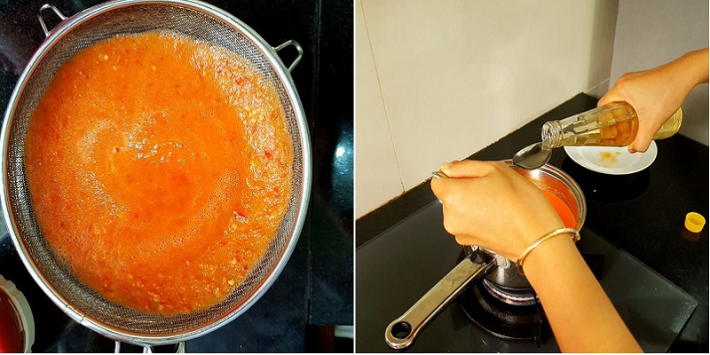 Bạn xay nhuyễn cà chua đã nấu ở trước cùng với ớt và tỏi phi