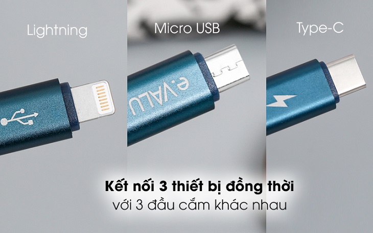 Cáp 3 đầu Lightning Type C Micro 1m eValu Spanker B 2 được tích hợp 3 cổng Micro USB, Type-C và Lightning tiện lợi