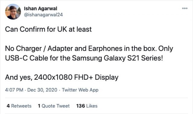 Dòng Twitter khẳng định Samsung Galaxy S21 Series sẽ loại bỏ rất nhiều phụ kiện