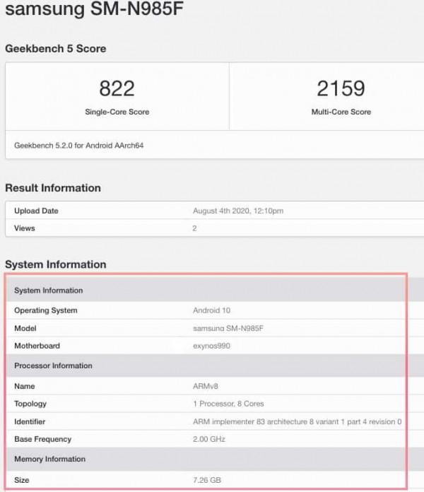 Samsung Galaxy Note 20 Ultra LTE giá phải chăng hơn vừa lộ thông số cấu hình cùng điểm số sức mạnh trên Geekbench Samsung Galaxy Note 20 Ultra LTE giá phải chăng hơn vừa lộ thông số cấu hình cùng điểm số sức mạnh trên Geekbench