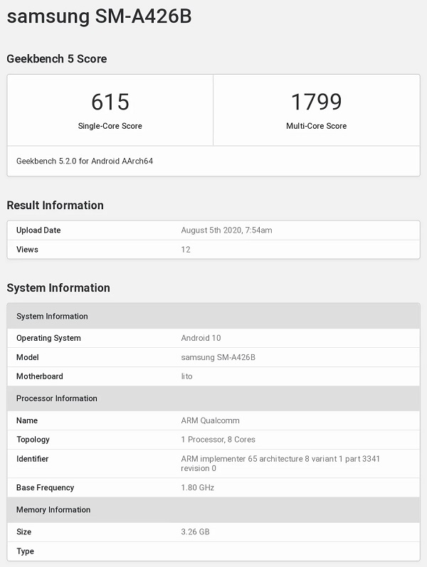 Samsung Galaxy A42 5G lộ điểm sức mạnh cùng cấu hình trên Geekbench, dùng chip Snapdragon 690, chạy Android 10 Samsung Galaxy A42 5G lộ điểm sức mạnh cùng cấu hình trên Geekbench, dùng chip Snapdragon 690, chạy Android 10