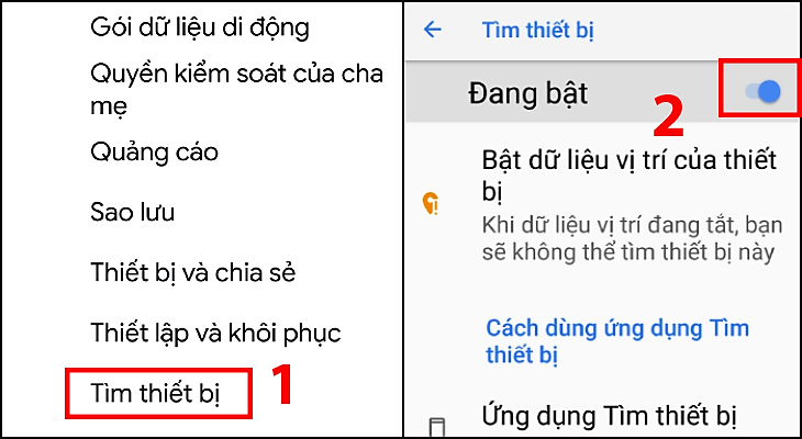 Nhấn chọn mục Tìm thiết bị  Kéo thanh trược trên góc phải màn hình để kích hoạt