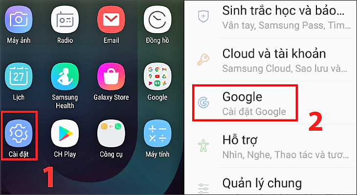 Mở Cài đặt  Chọn mục Google