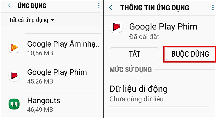  Chọn ứng dụng không cần thiết  Nhấn Buộc dừng