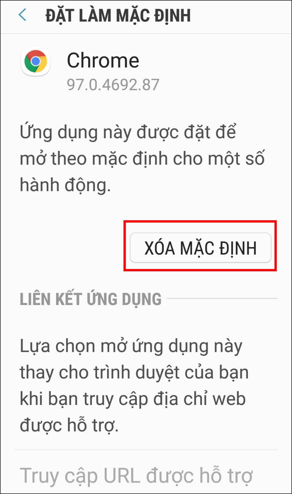 Nhấn xóa mặc định để hoàn thành