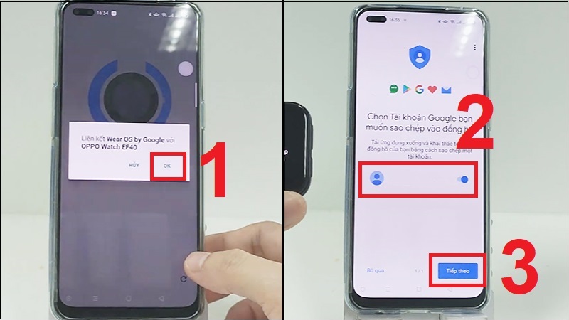 Hướng dẫn kết nối OPPO Watch với điện thoại Android và iOS đơn giản nhất > Nhấn OK để đồng ý liên kết Wear OS và OPPO Watch > Chọn tài khoản Google mà bạn muốn đồng bộ dữ liệu 